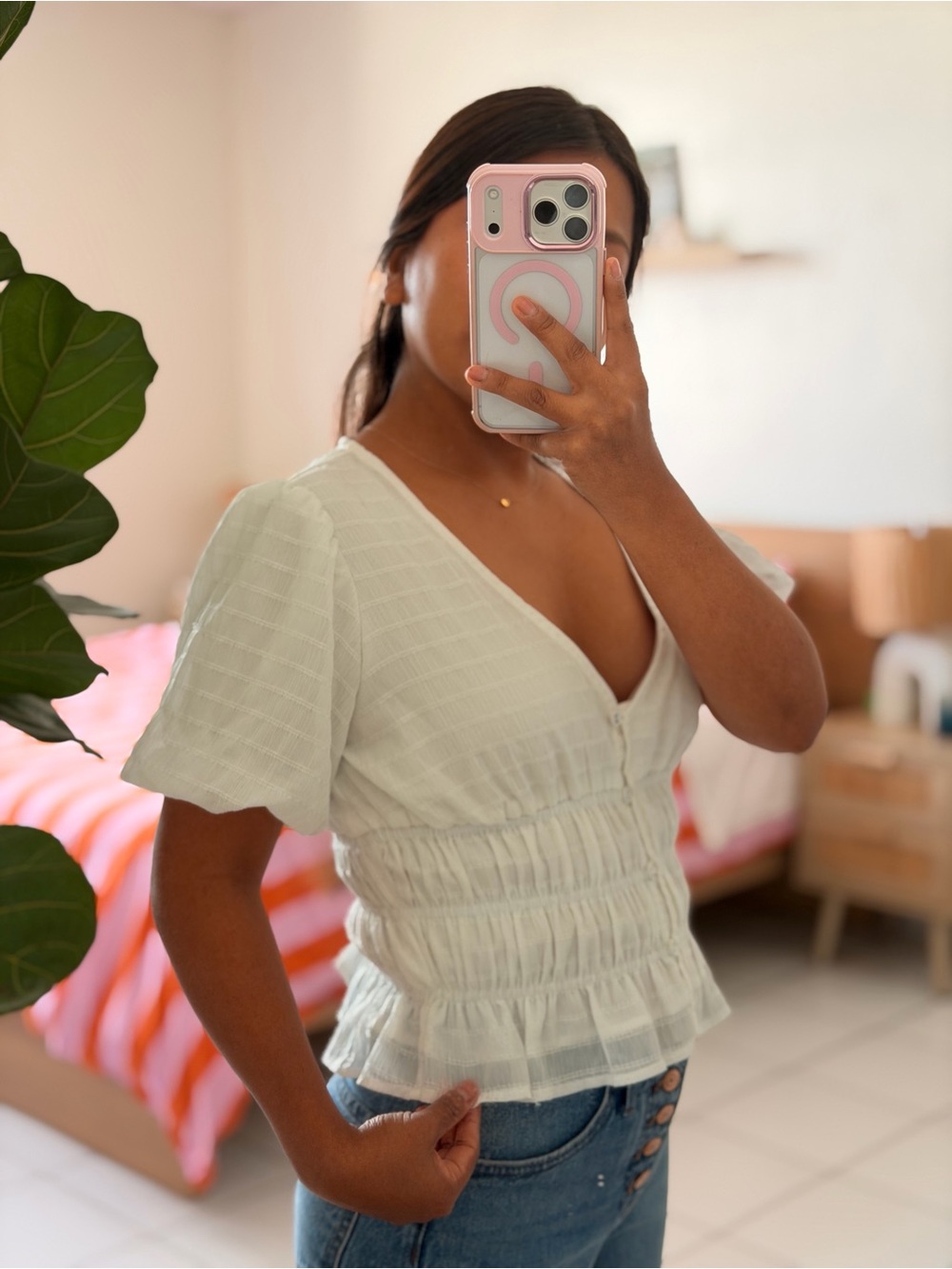 Lulu's White Smocked V-Neck Peplum Top